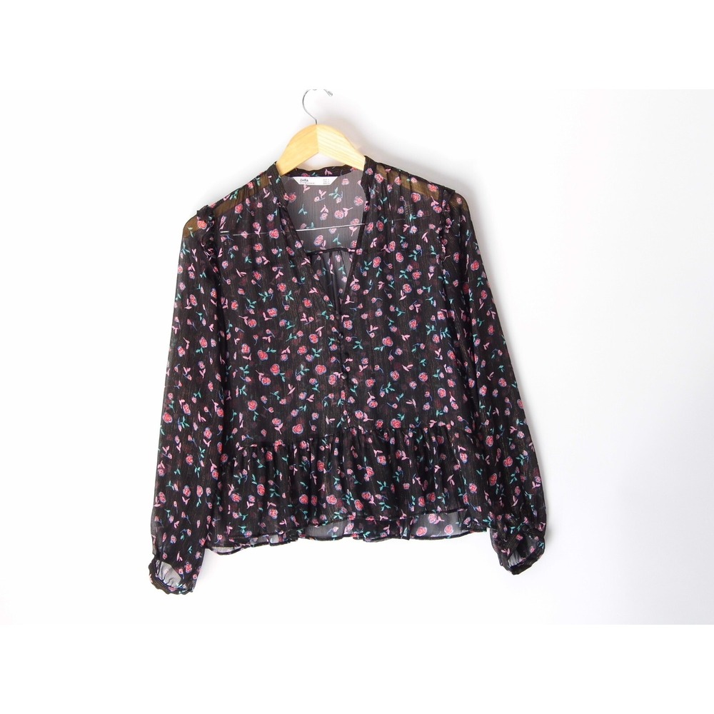 Zara Denim Floral Peplum Blouse Womens Small Black Gold Metallic Sheer V-Neck